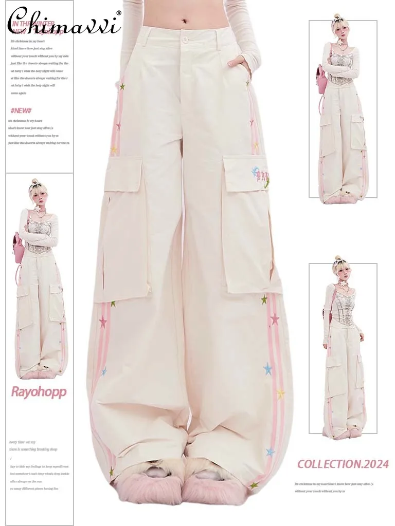 

Overalls Women's 2024 Spring Clothes American Street Multi-Pocket Star Embroidery Design Loose All-Match Sweet Wide-Leg Pants