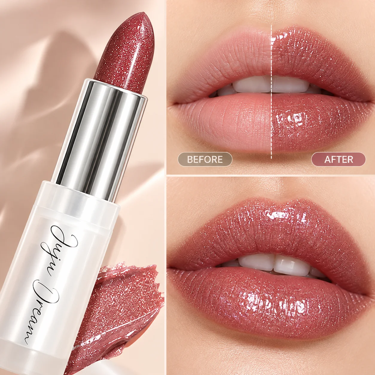 Glitter Lipstick Rose Red Shimmer Lipstick Sparkly Pearl Lip Color Glossy Jelly Lipstick Moisturizing Look Glass Lip Makeup