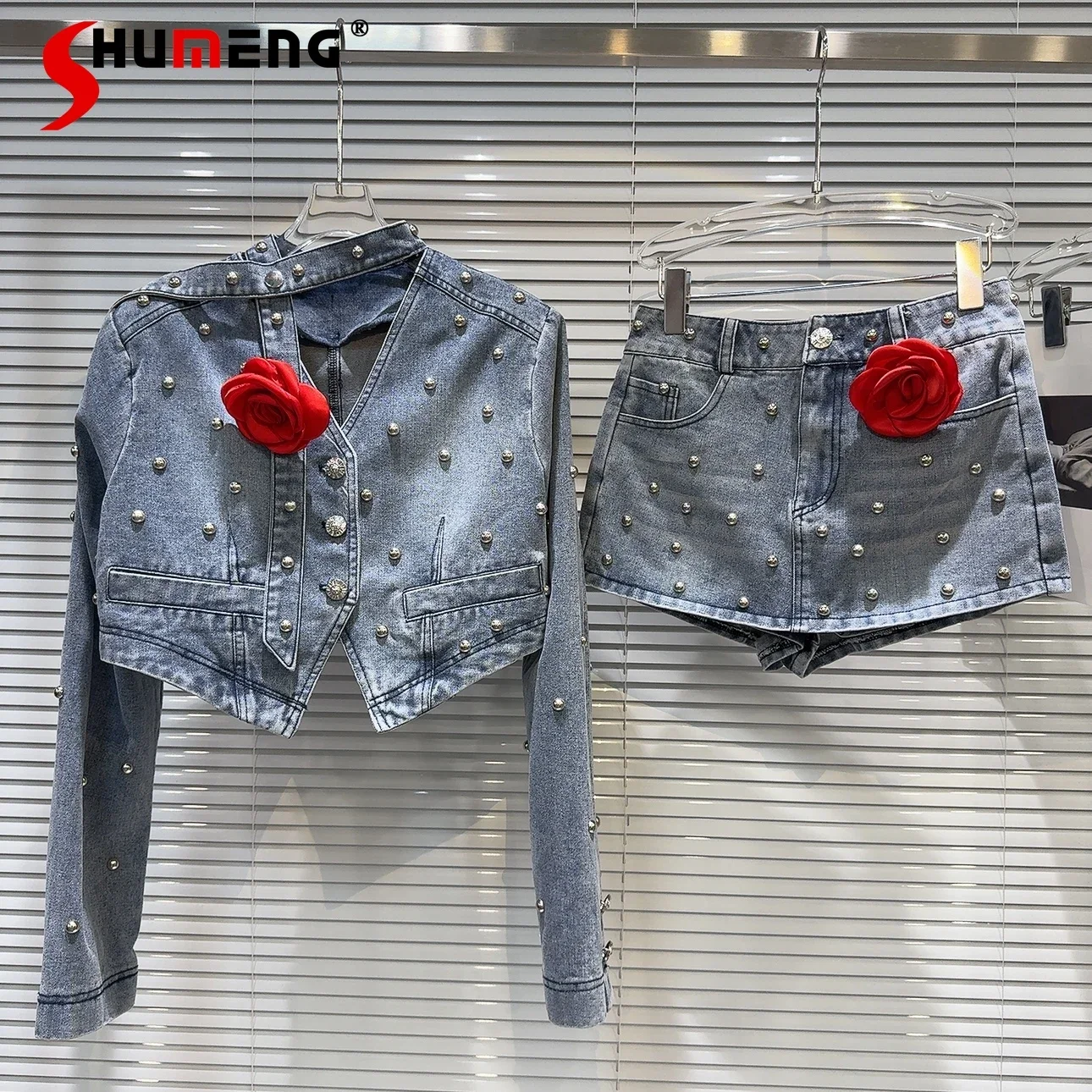 Fashion 2024 Autumn New Sexy Girl Flower Tie Rivet Long Sleeve Denim Jackets Short Jacket Feminine Slimming Pocket Shorts Set