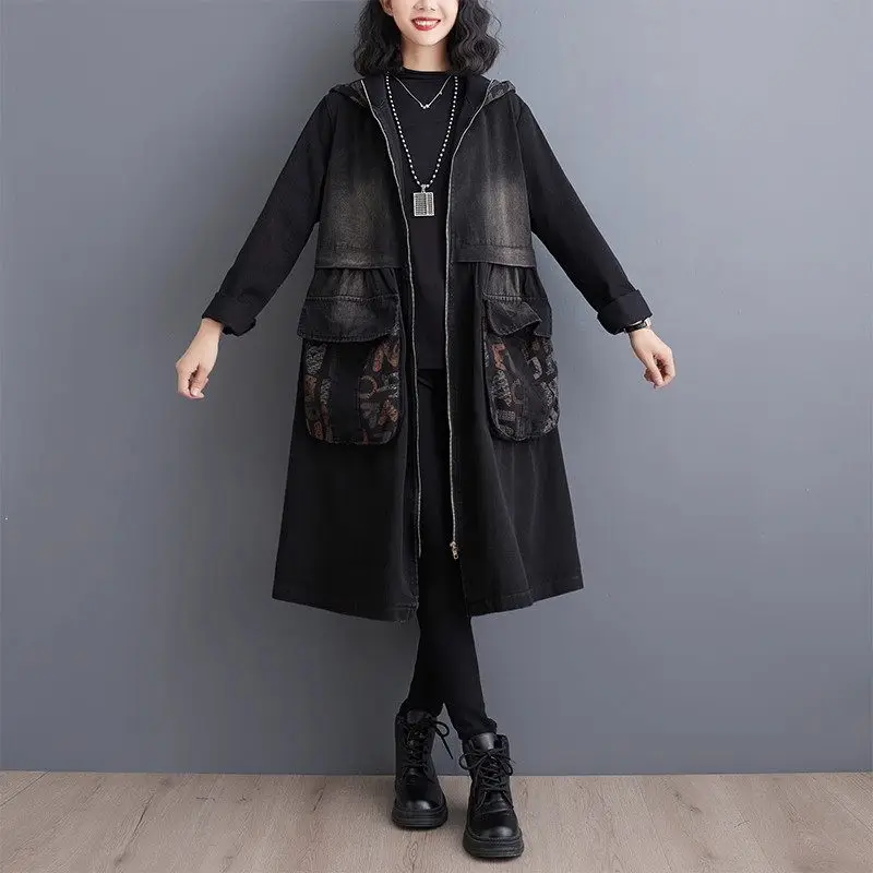 

Retro Washed Oversized Denim Jacket Early Spring Casual Loose Fit Hooded Printed Spliced Jeans Coat Windbreaker JJ952