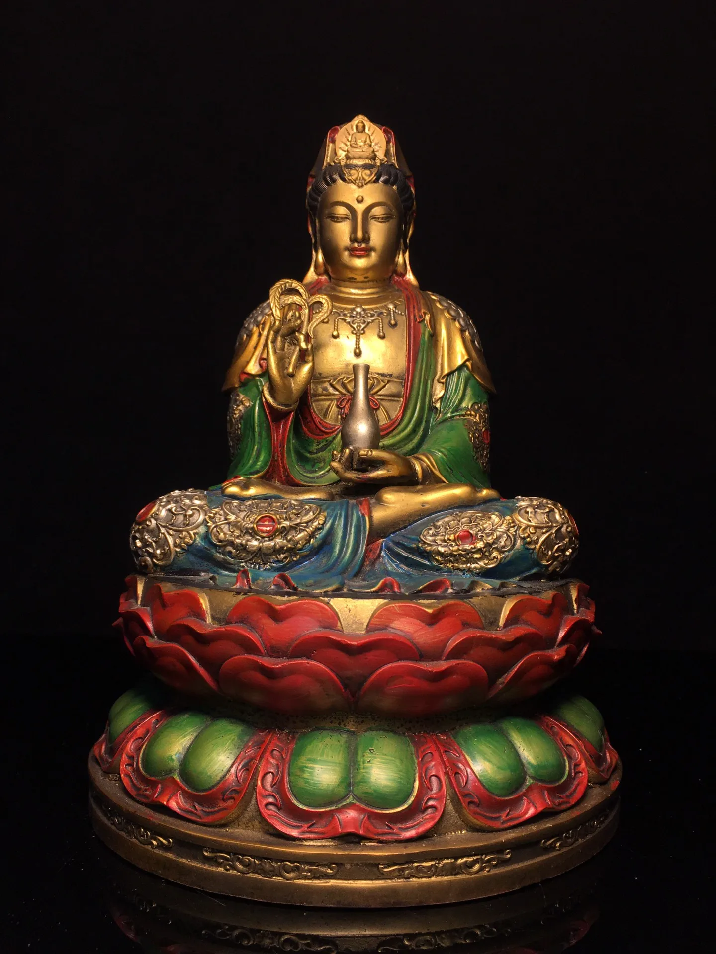 

11"Tibetan Temple CollectionOld Bronze Painted Guanyin Bodhisattva Sitting Buddha Platform Double Lotus Platform Worship Hall