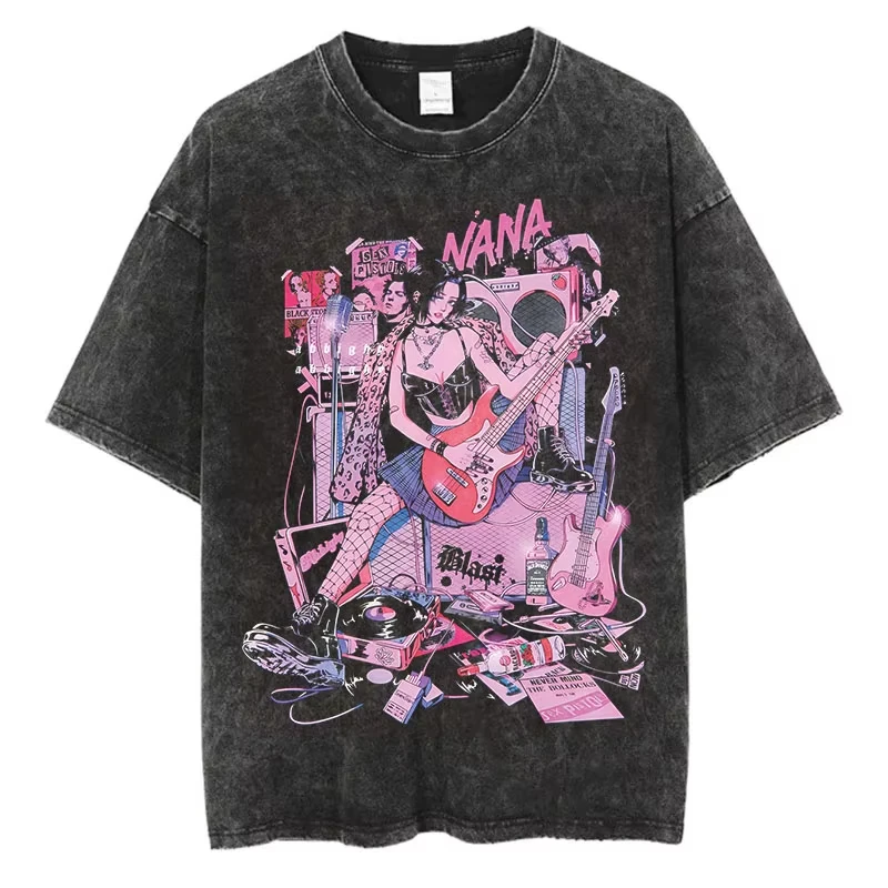 

Japanese Anime Nana Osaki Printed T-Shirt Men Harajuku Streetwear Graphic Top Vintage Washed Summer Short Sleeve Cotton T Shirt