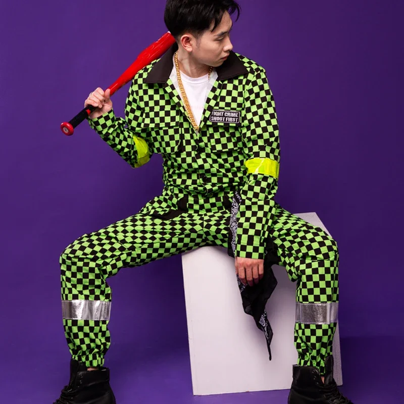 

Men Hip-Hop Overalls Plaid Jumpsuit Jazz Dance Clothes Male Hip Hop Costume Streetwear Nightclub Bar Performance Clothing XS2157