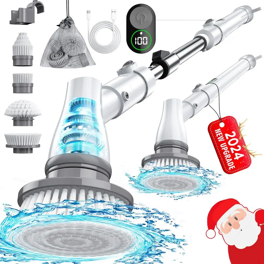 Spin Scrubber with Big Display, Fast Charging Cordless Cleaning Brush with Adjustable Long Handle, 2 Speeds amp 4 Replaceable Br