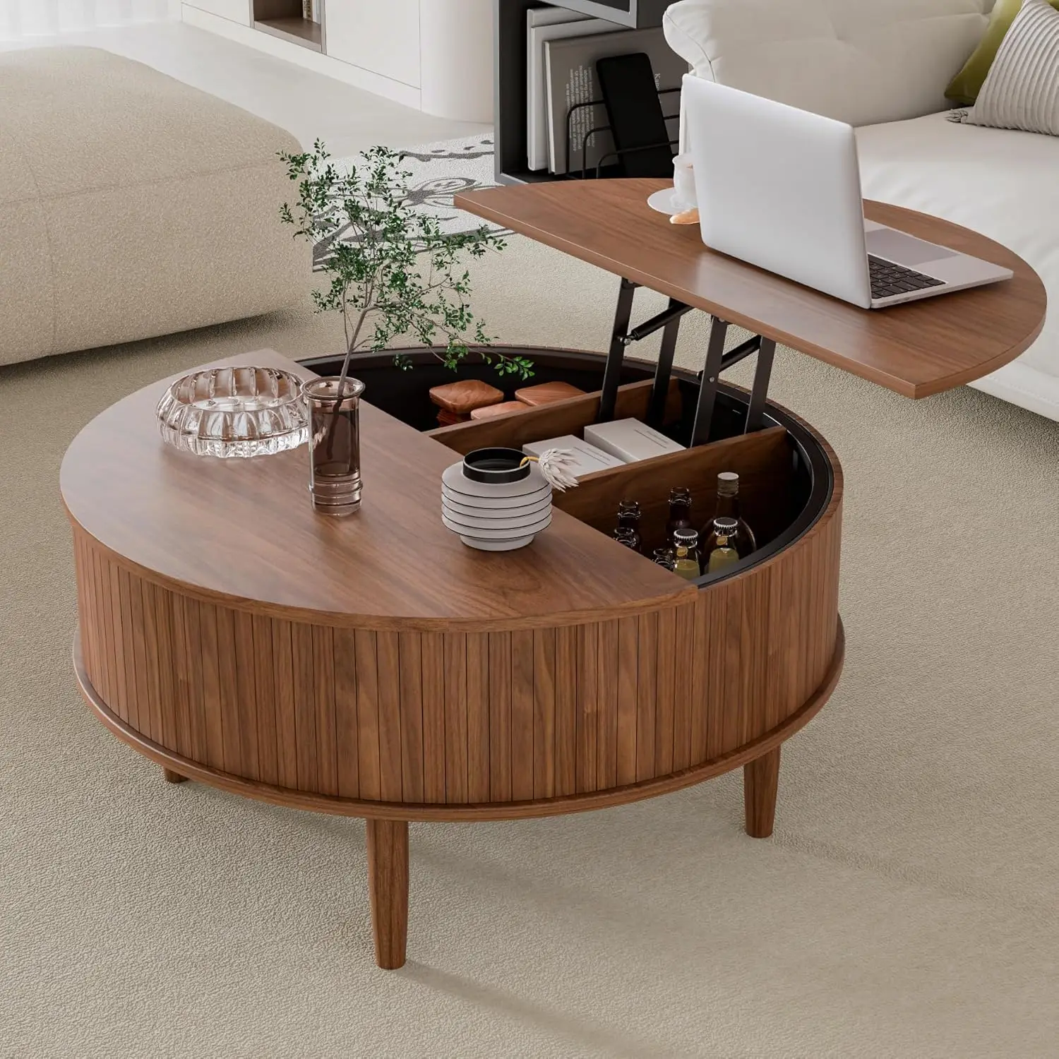 

Round Fluted Lift Top Coffee Table With Storage, Mid Century Modern Coffee Table For Living Room, Home Small Space,