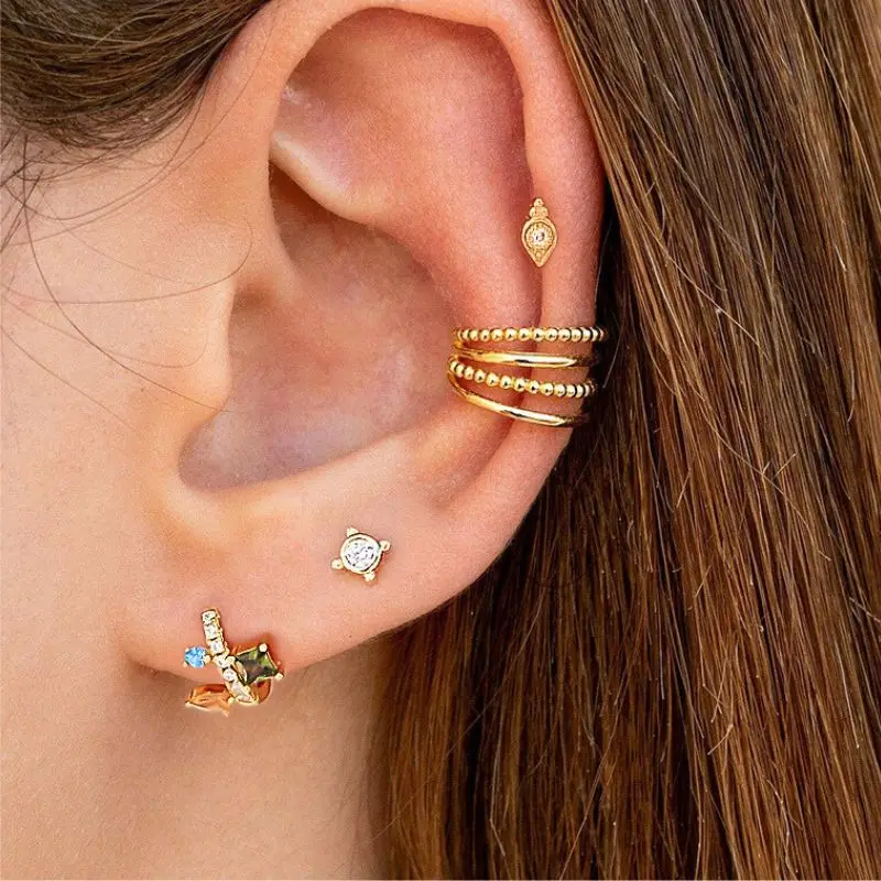 

925 Sterling Silver Needle Geometric Zircon Hoop Earrings Women's Fashion Spliced Colorful ​​Crystal Earrings Party Fine Jewel