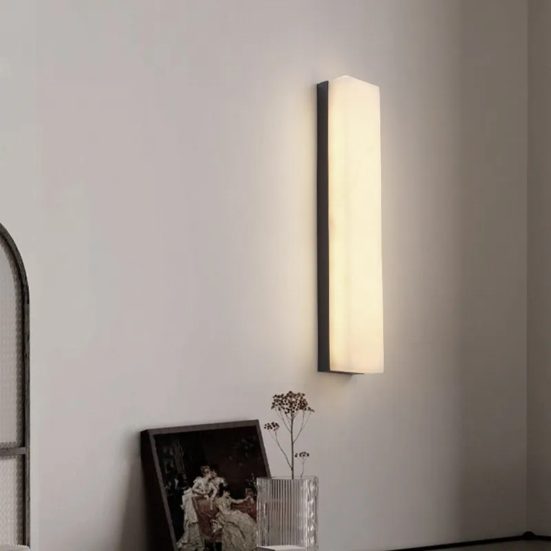 Modern Linear Faux Alabaster High-end Wall Sconce Black Metal Frame Soft Glow LED Lamp For Bedroom Living Room Hallway Staircase