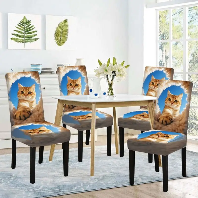 

Flat Printed Dining Chair Cover Gold Brown Striped Kitten Pattern, Reusable, Washable, Home Dining Chair Cover