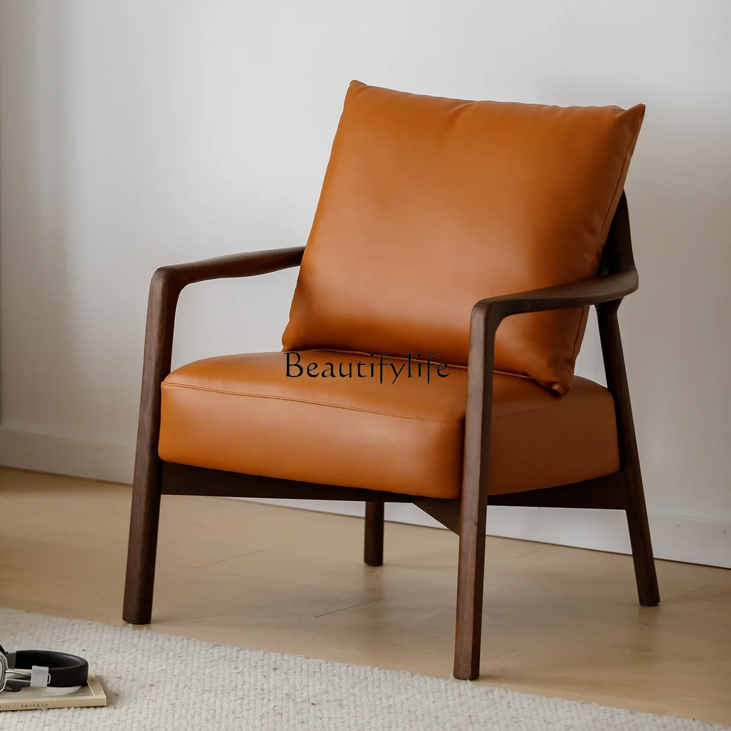 

3-North American black walnut solid wood sofa chair Nordic minimalist leather solid wood