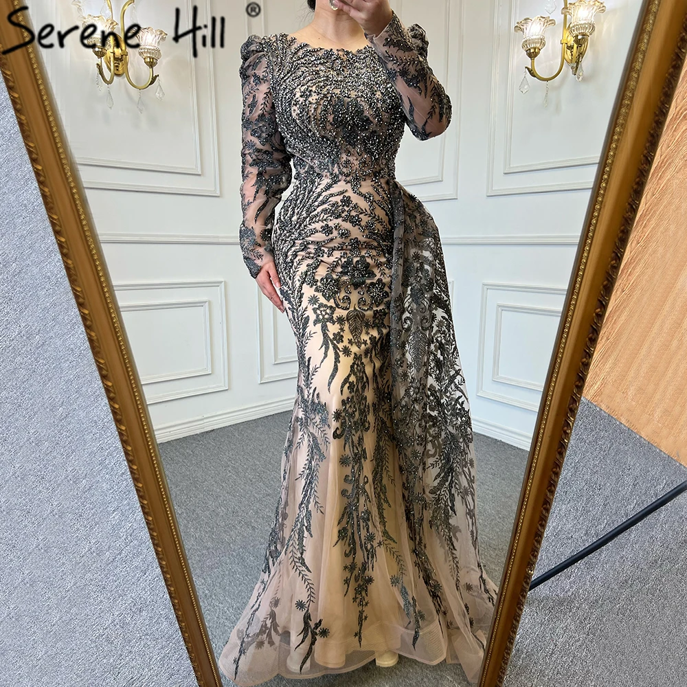 SERENE HILL Customized Muslim Dark Grey Luxury Evening Dress Gown 2025 Beaded Mermaid Overskirt Elegant Women Party CLA71610