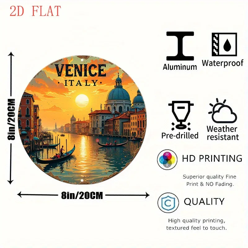 1pc Venice Italy Metal Wall Art Sign - 8-Inch Round Venetian Gondola, Grand Canal & St. Mark's Basilica Sunset Reflection with I