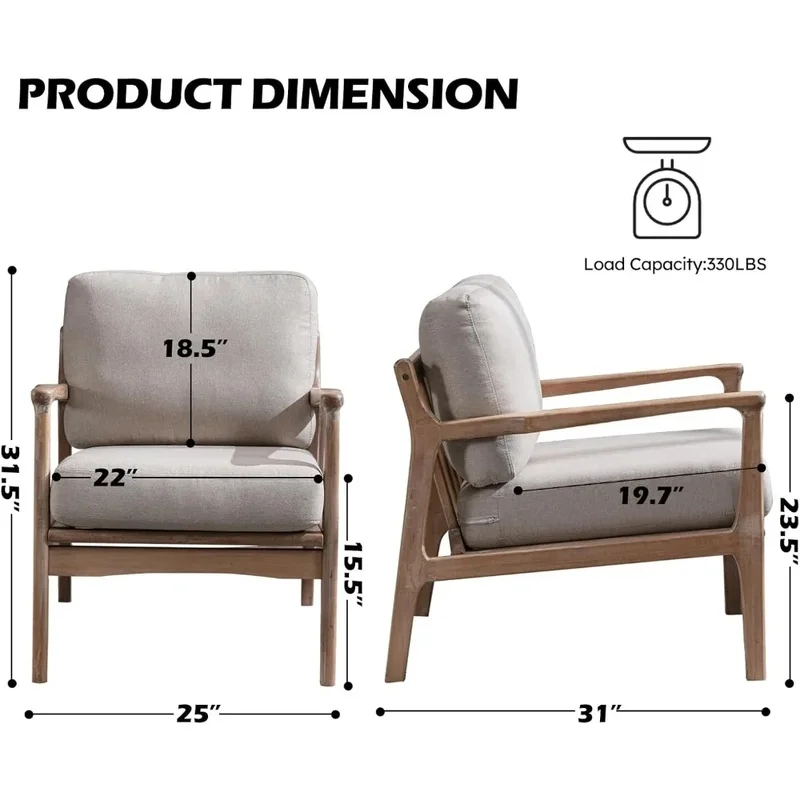 

Beige Mid Century Modern Accent Chair, Linen Upholstered Lounge Chair with Solid Wood Frame for Living Room Space