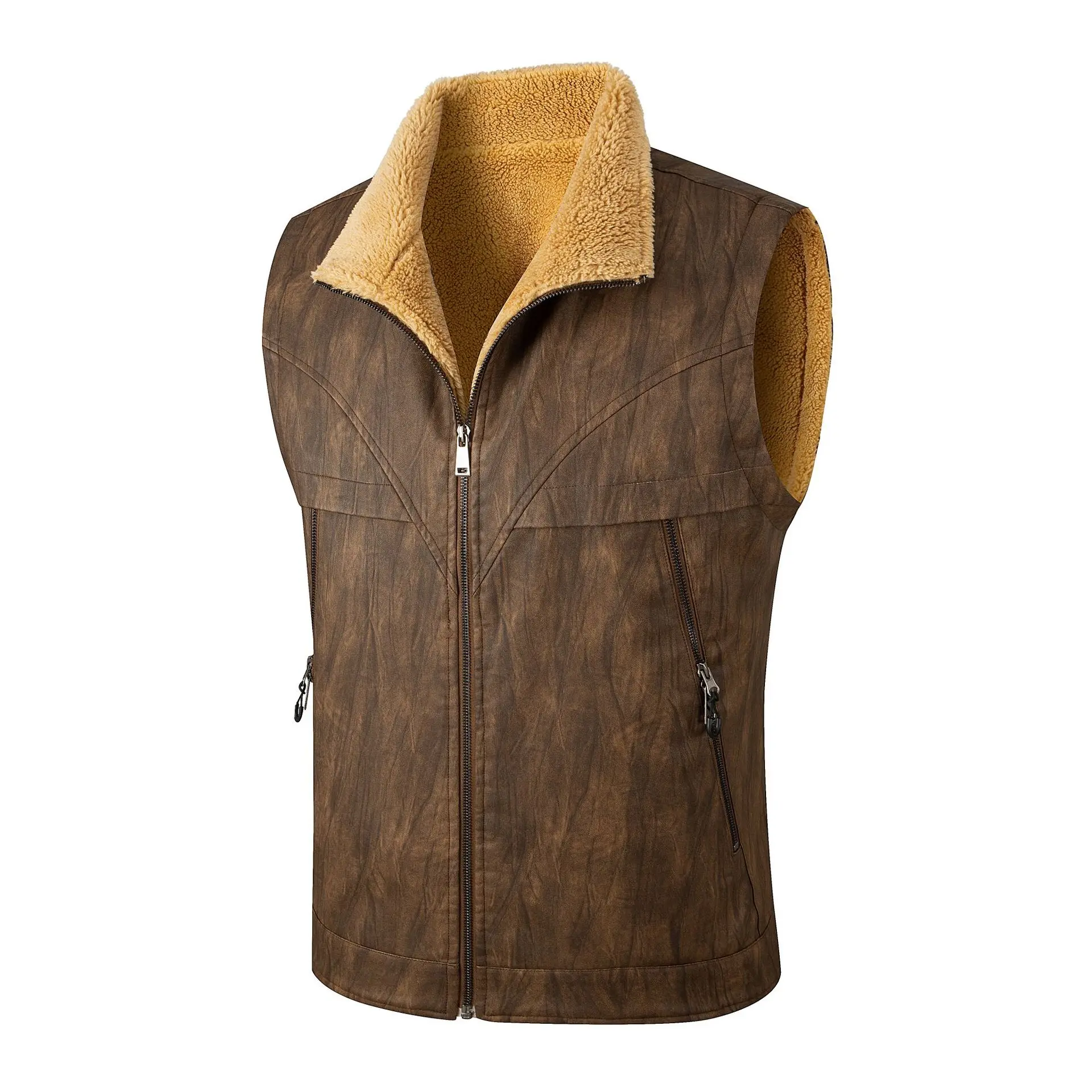 

Autumn and Winter Men's Leather Vest Trendy Lamb Fleece Clip PU Tank Top Warm and Thick Velvet Outdoor Punk Motorcycle Jacket
