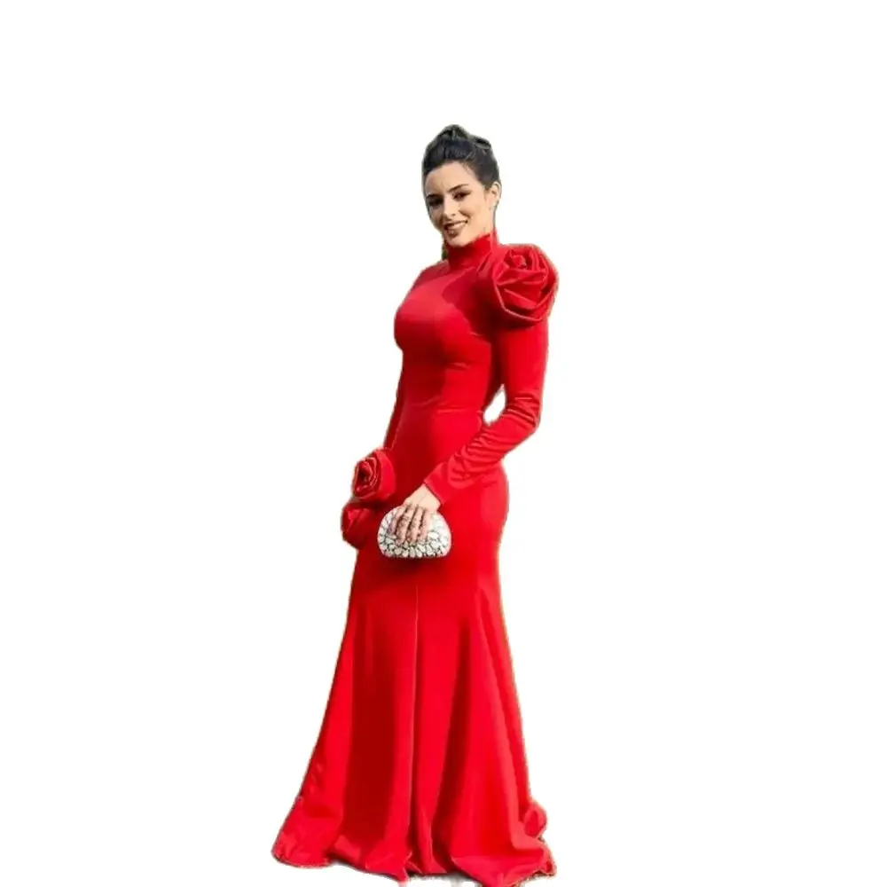 Personalizado vermelho arábia saudita vestidos de noite cintura alta até o chão vestidos de baile manga longa lapela sexy formal vestido de festa