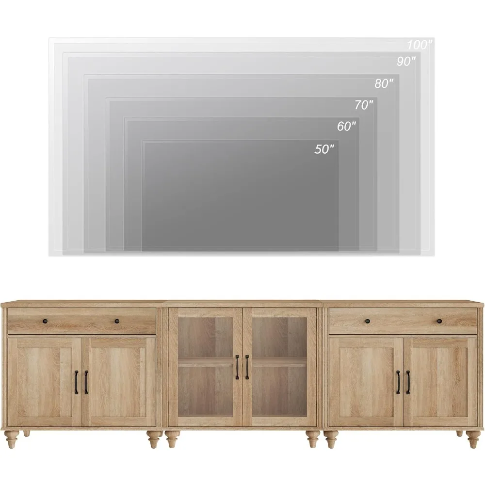 Suporte de TV Farmhouse para TV de 100 polegadas, mesa de console de TV 3 em 1 para TV de 75/80/85/90 polegadas, centro de entretenimento