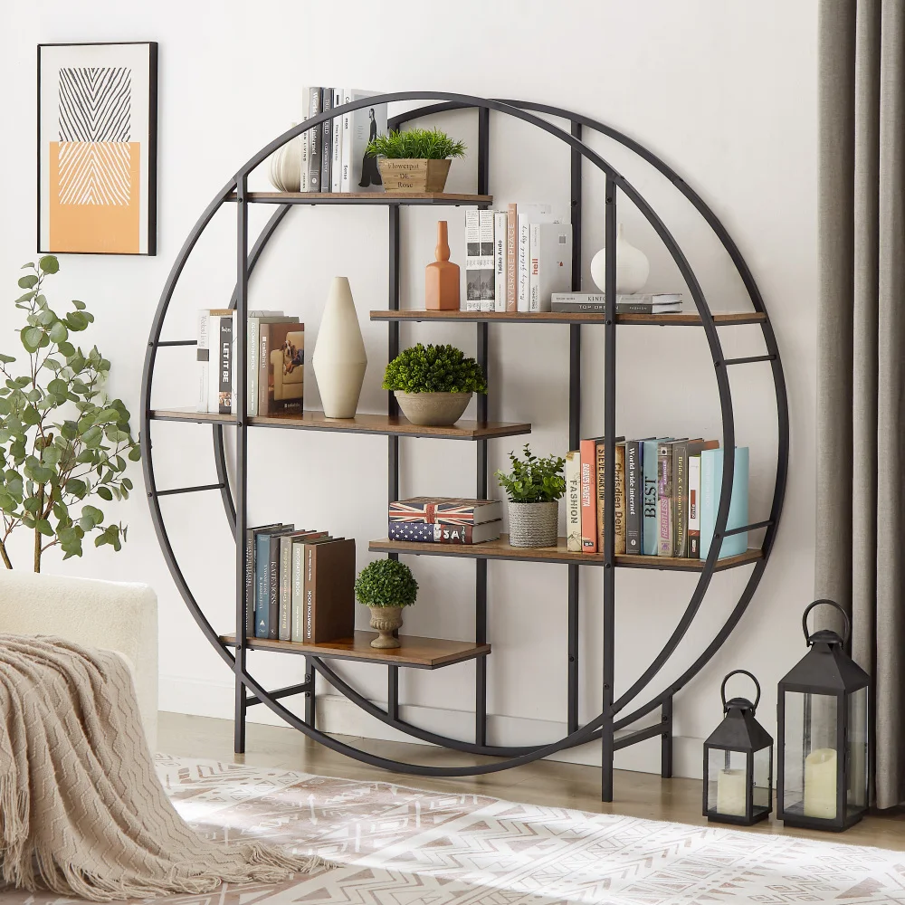 Round 5-Tier Metal Plant Stand Bookcase Storage Rack Terrace Garden Balcony Display Stand Rustic 67'' W X 11.8'' D X 67'' H