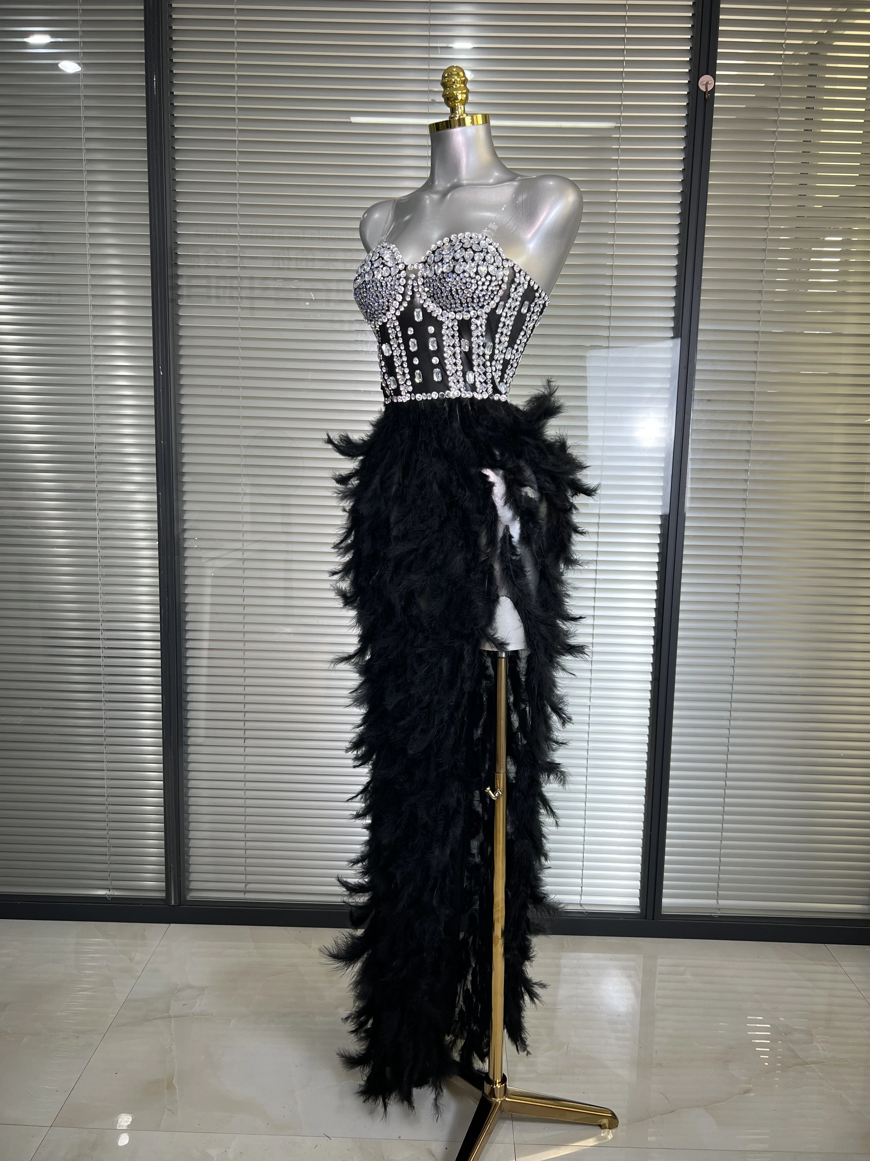 New Women Sexy Mesh Stretched Split Feathers Performance Costume Stage Black Nude High Stretchy Night Club Party Maxi Dress