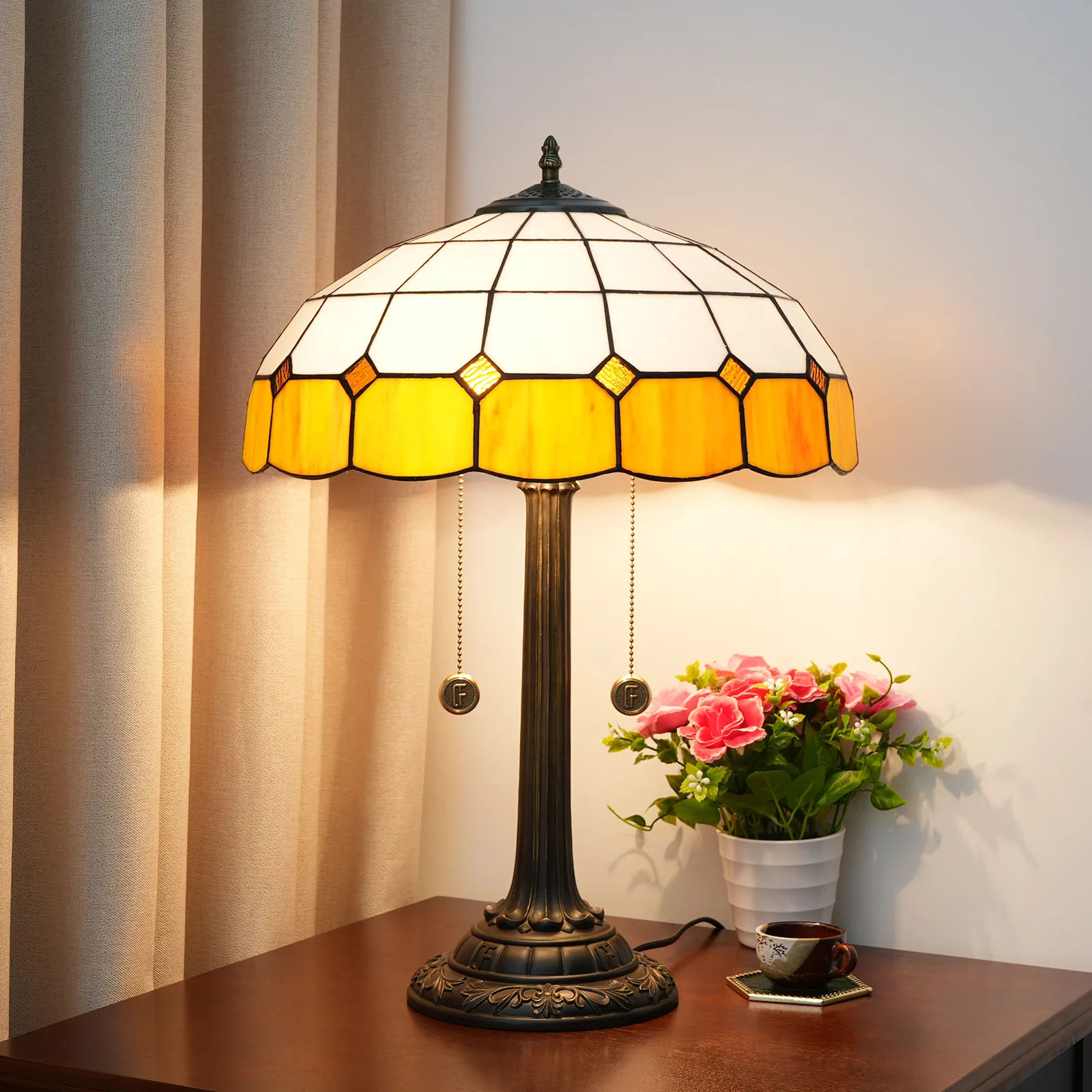

Dia40cm Tiffany Stained Glass Table Lamp Mediterranean Orange Plaid Lampshade Home Decor Lighting Bedroom Bedside Desk Lamp