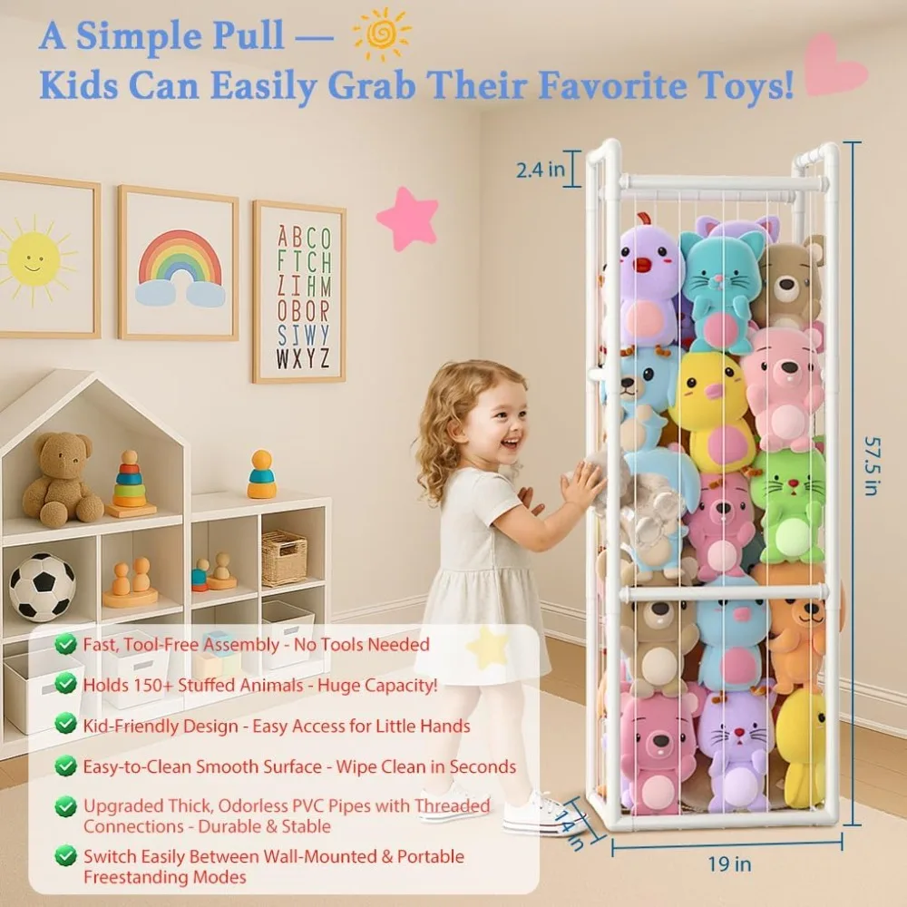 منظم حيوانات محشو كبير على شكل قفص حديقة الحيوان العمودي مع أنابيب PVC متينة لتخزين الألعاب الموفرة للمساحة