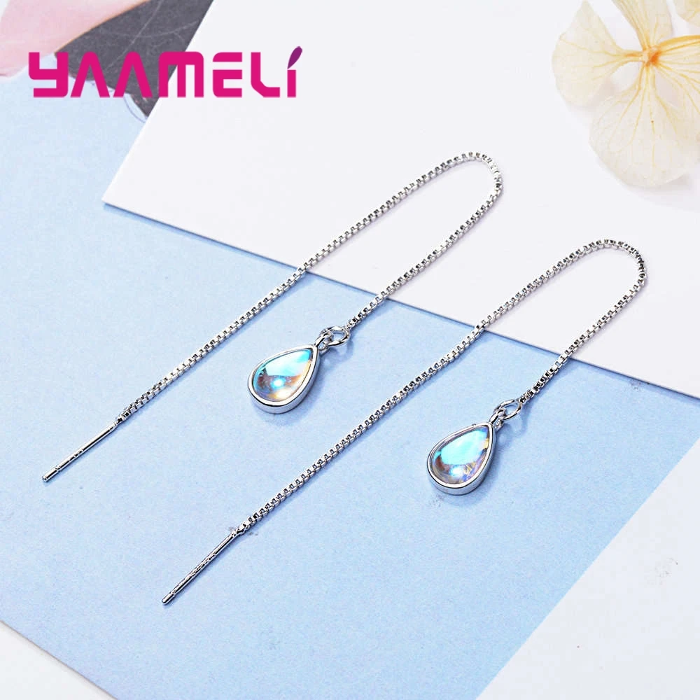 Unique Style Moonstone Earrings 925 Sterling Silver Long Thread Water Drop Statement Jewelry for Women Girl Boho Wedding