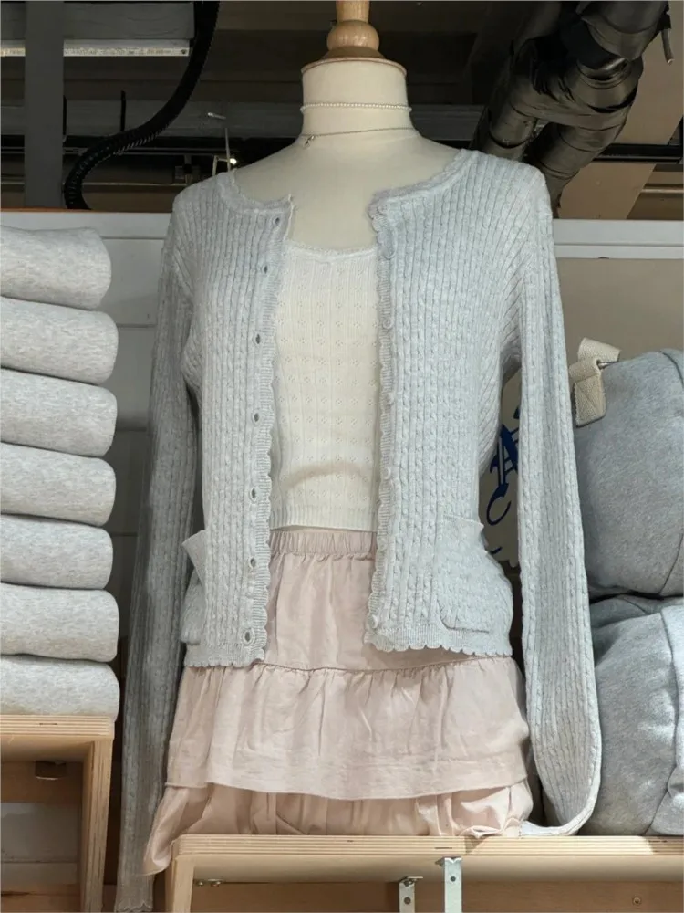 Solid Basic Cotton Long Sleeve Knitted Cardigan Women Simple O-neck Casual Preppy Style Jumper Sweet Prepppy Style Sweater Top - Image 4