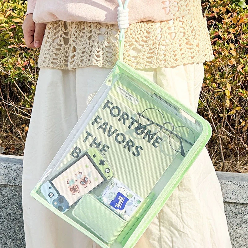 

1PC Art Transparent Hand Zip Folder Test Paper Storage Bag Student Handheld Cartoon With Clipboard Hard Shell Homework Holder