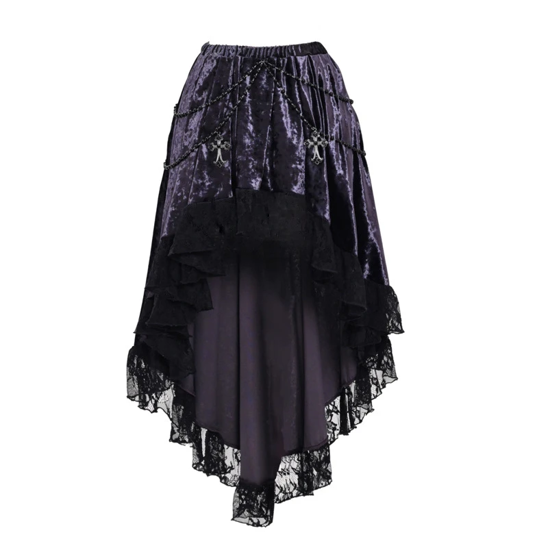 Blood Supply New Women 2023 Velvet Elastic Waist Irregular Skirt Bead Chain Trail Lace Party Halloween Half Length Skirt