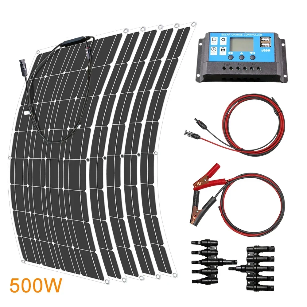 Kit de panel solar de 500W, 200W, 100W, cargador solar flexible completo de 12V para batería de 12V/24V, coche/barco/RV/hogar/acampar