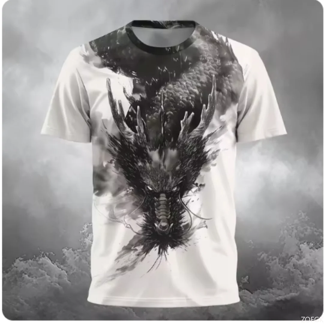 Fashion 3D Chinese Loong Pattern T Shirt for Men Hip Hop Trend Harajuku Streetwear Casual O-neck Short Sleeve Summer Loose Tops