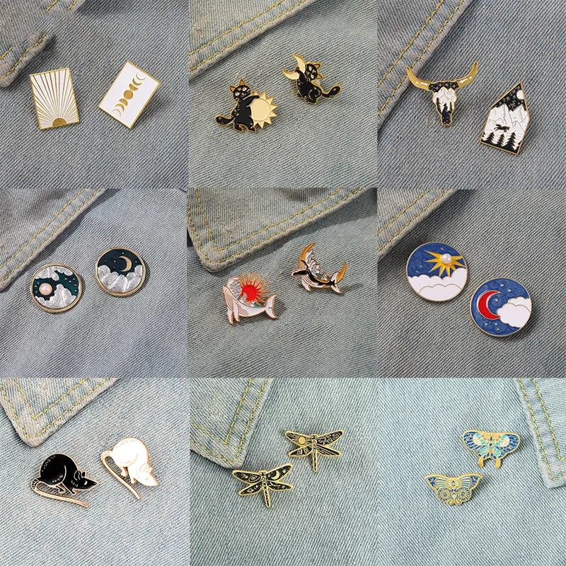 2pcs/set Sun Moon Enamel Pin Custom Day Night Moth Cat Whale Wolf Rat Fox Brooches Bag Clothes Badge Fashion Jewelry Wholesale