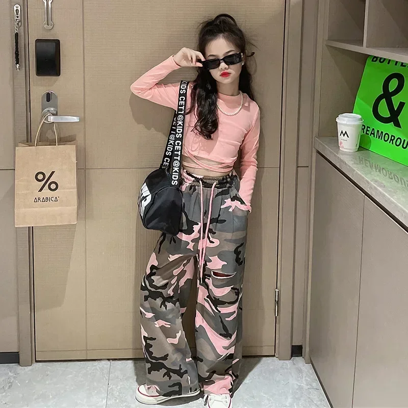 Dziewczęcy zestaw Slim Tops Camouflage Pants Dance Two Piece Autumn Teen Kids Group Dance Performance Kostium 12, 13, 14 Y Dziecięca odzież sportowa