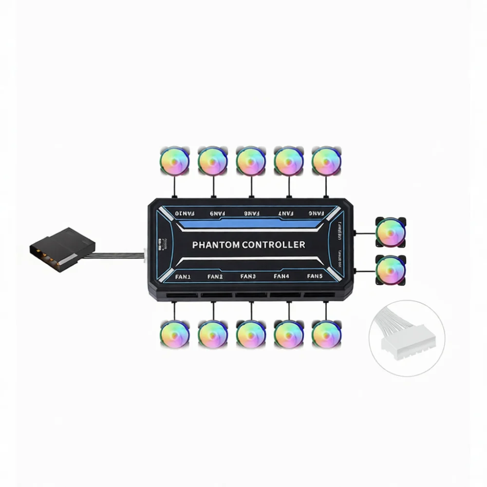 Computer Cooling Fan Hub Remote Control 6Pin RGB Lighting Controller Desktop PC Case Fan Speed Adjustment Module Board