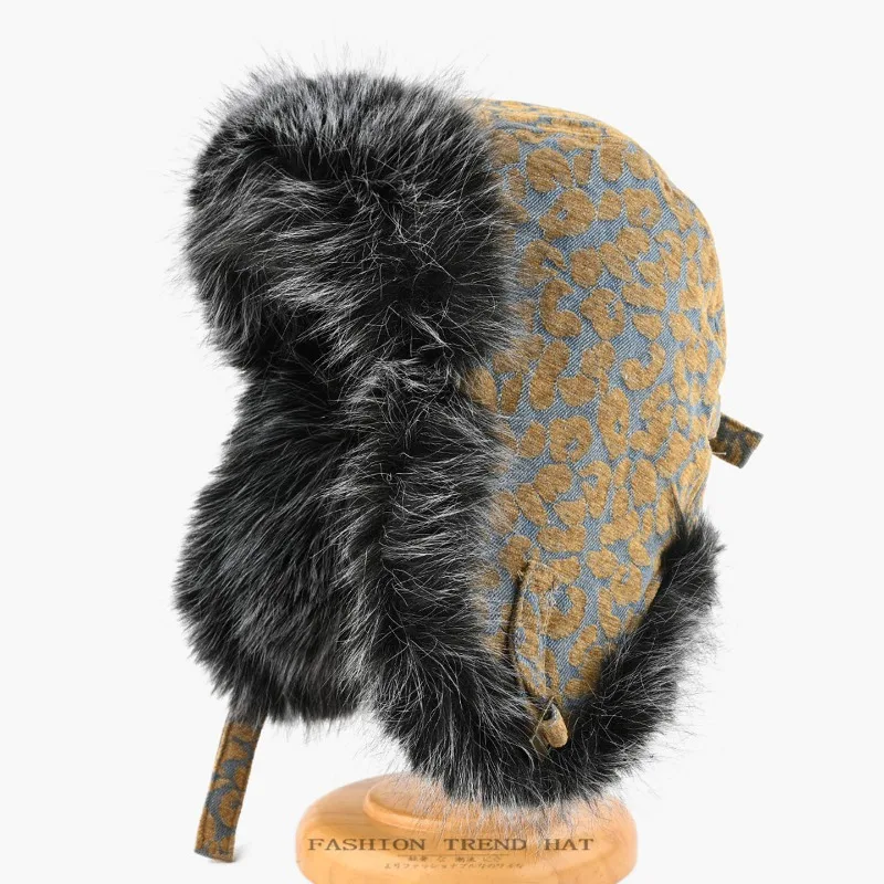 Unisex Winter Vintage Leopard Plush Warm Ear Cover Windproof Thick Fleece Lined Hat