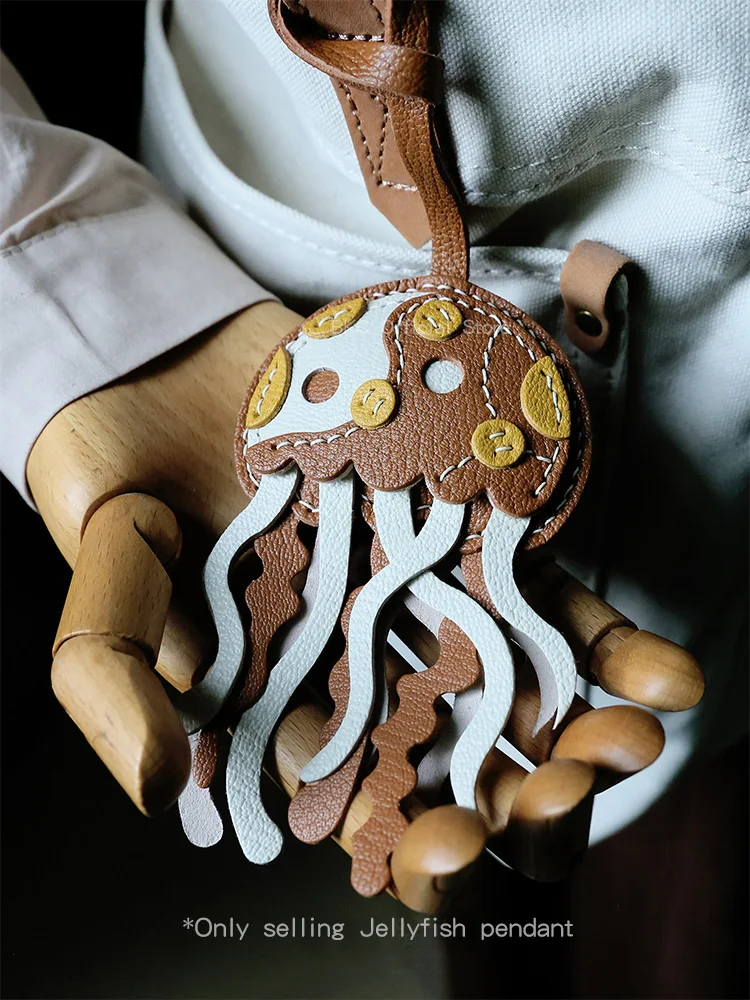 Handmade Goat Leather Jellyfish Bag Charm Full Wax Thread Saddle Stitched Keychain Pendant，Original Design Keychain Accessory