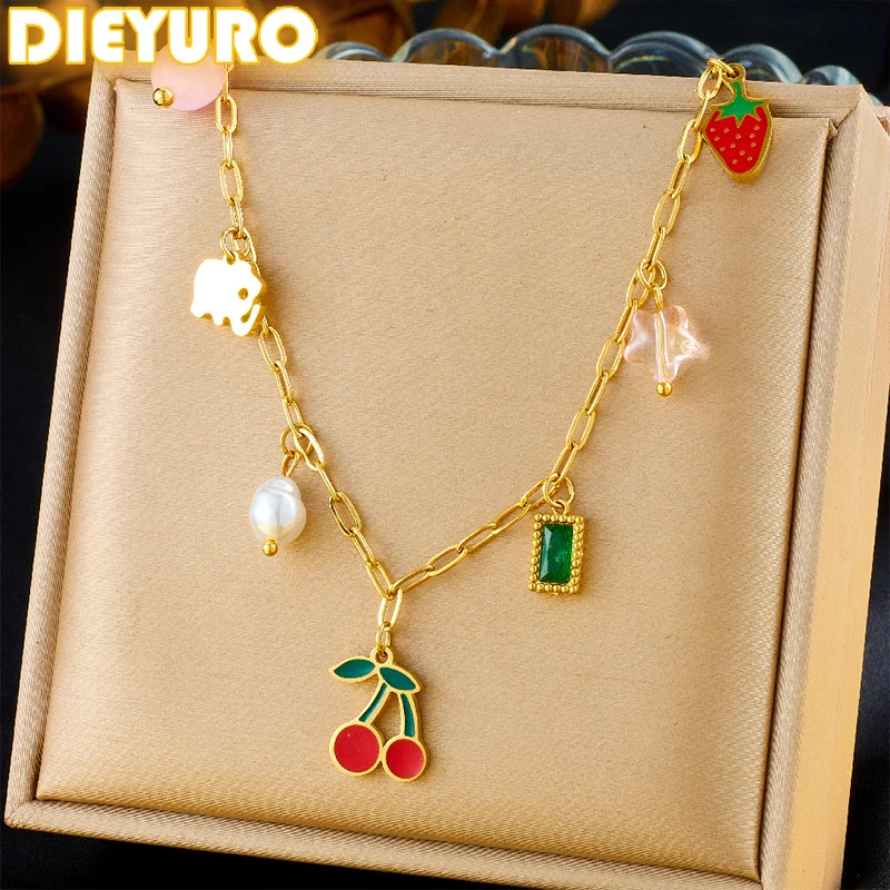 DIEYURO 316L Stainless Steel Pearl Strawberry Cherry Multiple Pendants Necklace For Women Fashion Trend Girl Jewelry Gift Joyas