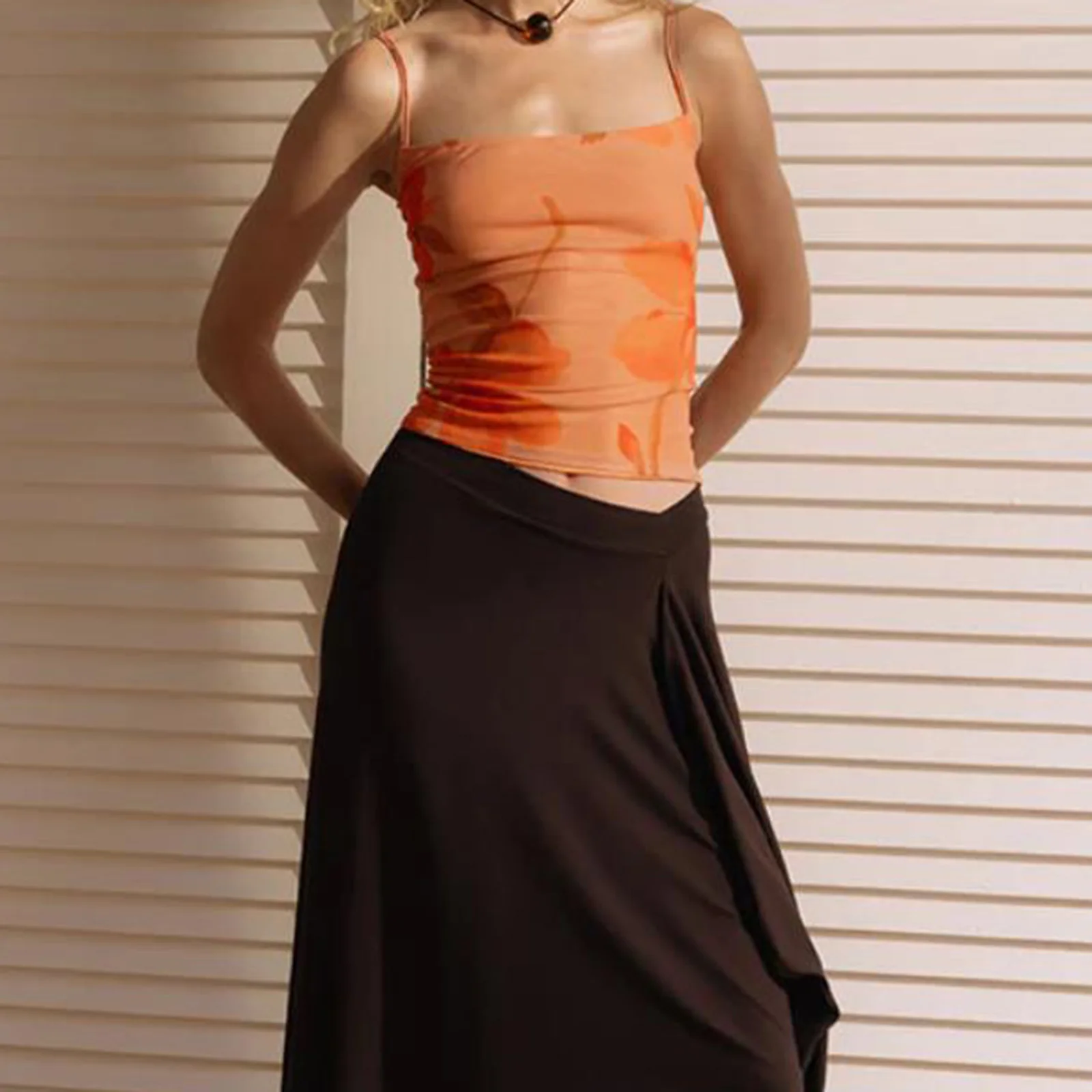 2026 Summer Camisole Slim Vest Sexy Women Sleeveless Open Back orange Tee Tank Tops Female Floral Print Crop Tops Y2k