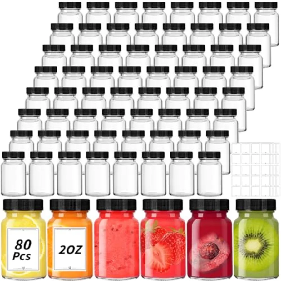 

80 Pack 2 oz Glass Shot Bottles with Lids Small Clear Glass Jar for Ginger Shot Mini Juice Bottle Reusable Wide Mouth Travel Cu