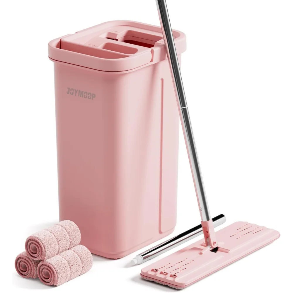 

Pink Mop and Bucket with Wringer Set for Home Cleaning Includes 3 Reusable Microfiber Pads Hands Free Self Cleaning System