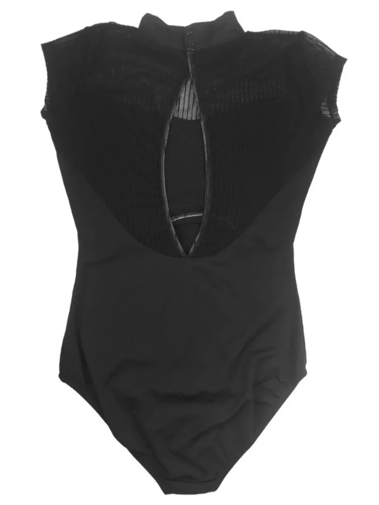 Mesh Patchwork High Neck Short Sleeve Backless Slim Fit Romper for Women Ballet Dance Stage Performance Bodysuit
