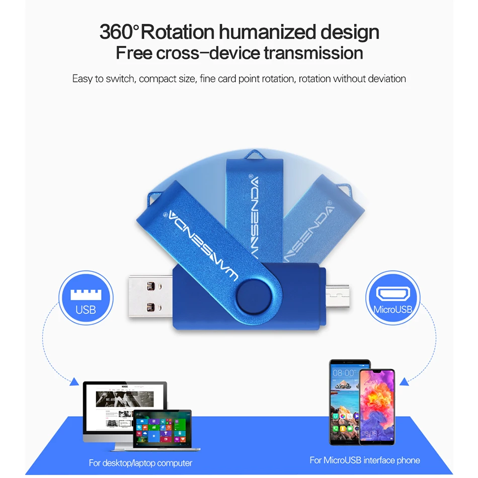 WANSENDA OTG USB 3.0 Flash Drives for Android/PC 8GB 16GB 32GB Pen Drive 64GB 128GB 256GB External Storage 2 in 1 Pendrive