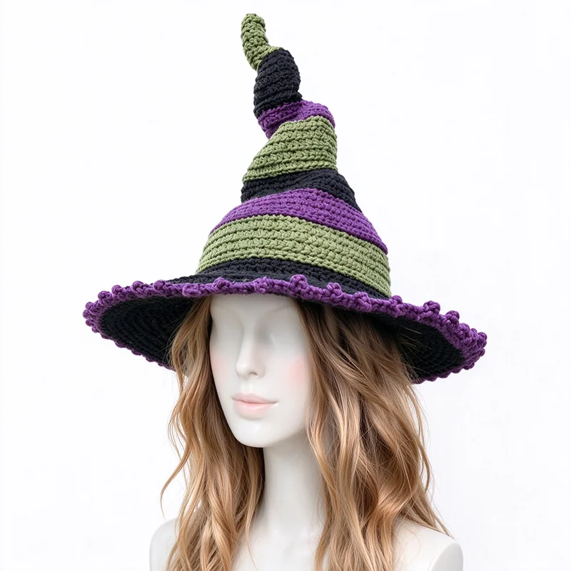 Handmade Colorful Pointed Wizard Witch Hat Custom Crochet Plush Mushroom Flower Knitted Beanie Women Kawaii Cosplay Sweet Cap