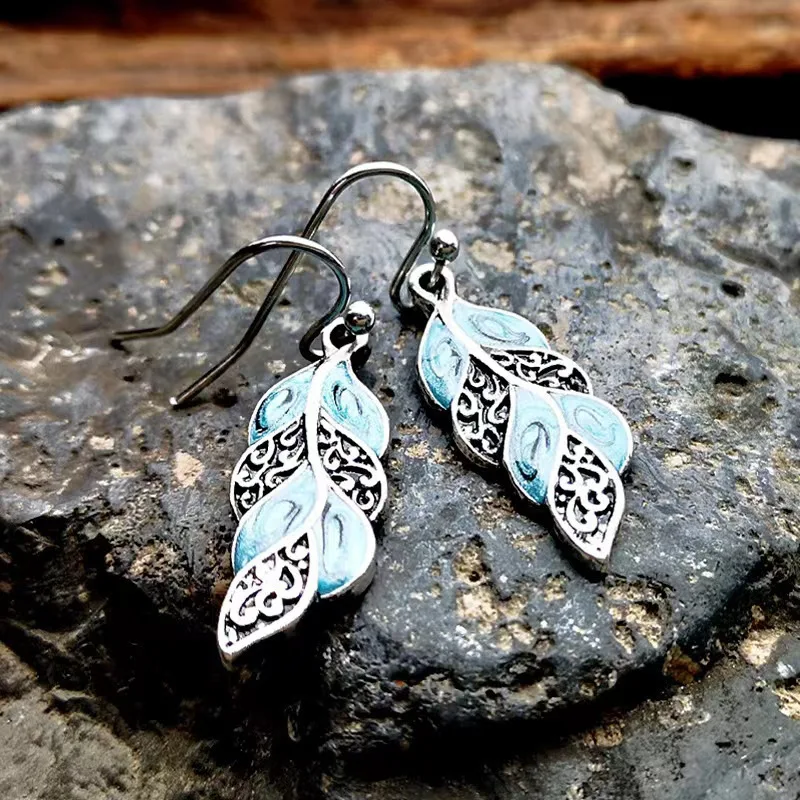DIY accessories Cross-Border Bohemian Creative Alloy Feather Pop Earrings Vintage Blue Antique Silver Plated Pendant Ear Hook Je