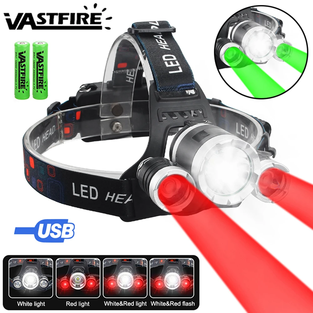 

Headlamp Green/Red/UV395nm+White Dual Light Rechargeable Fixed Focus Waterproof 4Modes Headlight Hunting Camping Hiking Working