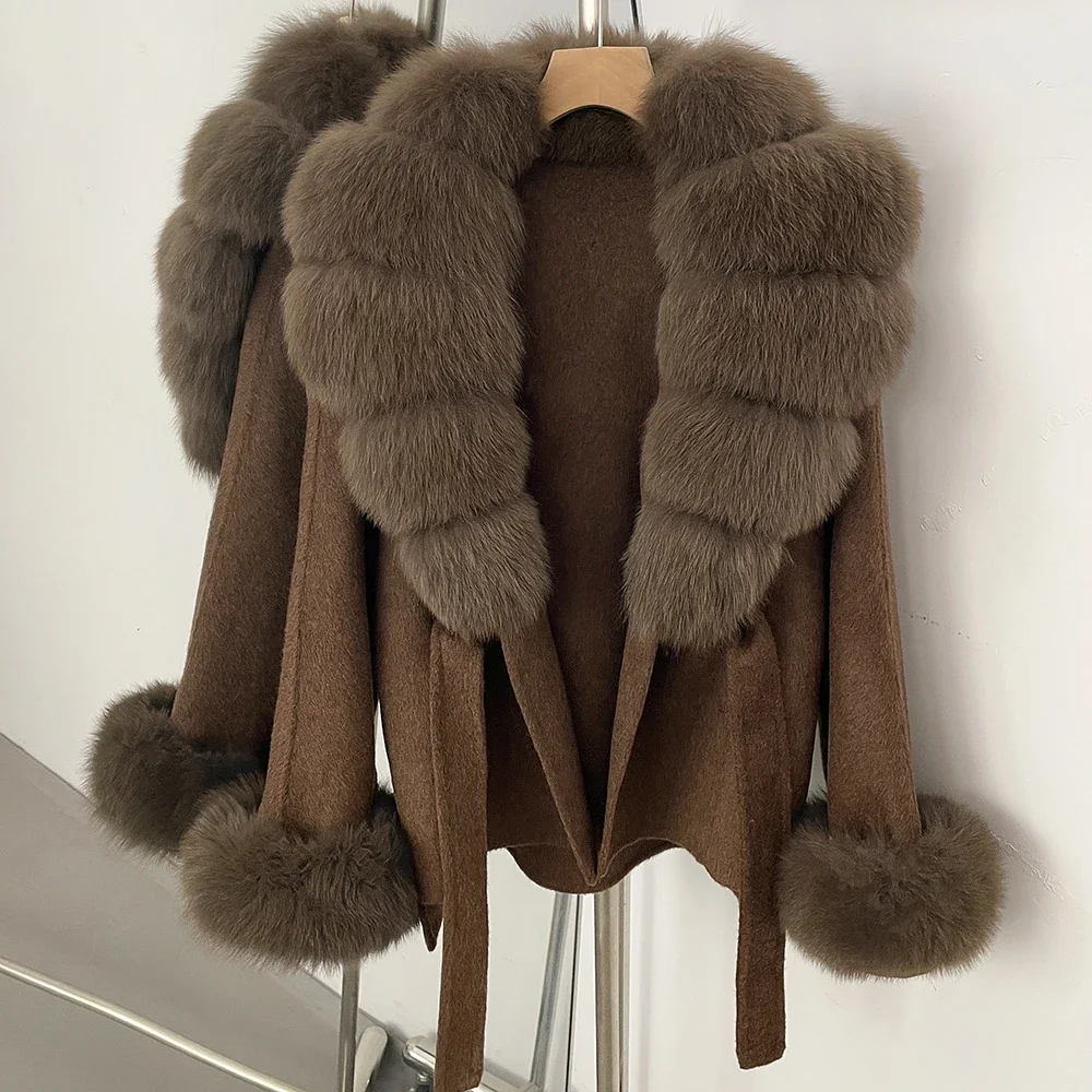 OFTBUY Luxuriöser Echtfuchs-Pelzkragen Wollmantel für Damen Neue Herbst-Winter-Kleidung mit Natürlichem Pelzgürtel 100% Wollmantel für Frauen – Detail 7