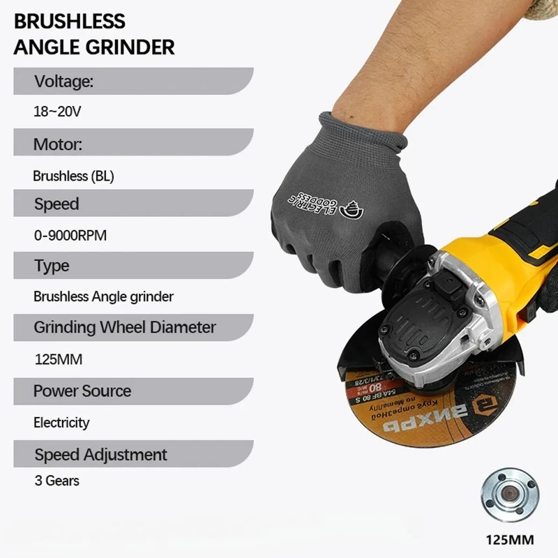 VIVSSO Angle Grinder 9000RPM Brushless Three Gear Speed Electric Angle Grinder Multi-function Grind For Dewalt 20v Battery Pins