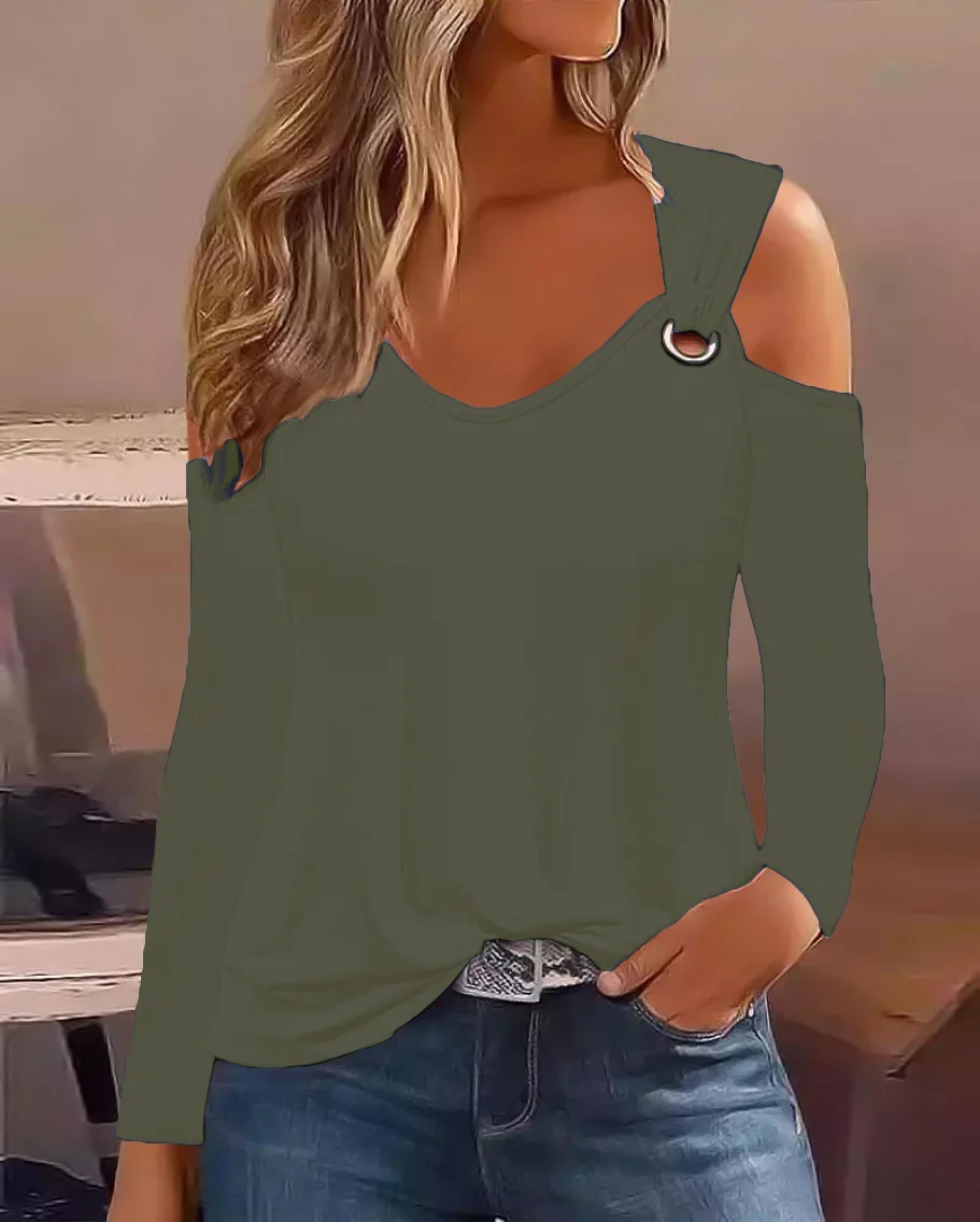 Women's Cold Shoulder Long Sleeve Top with V Neck and Metal Ring Detail Casual Loose Fit T Shirt for Everyday Wear
