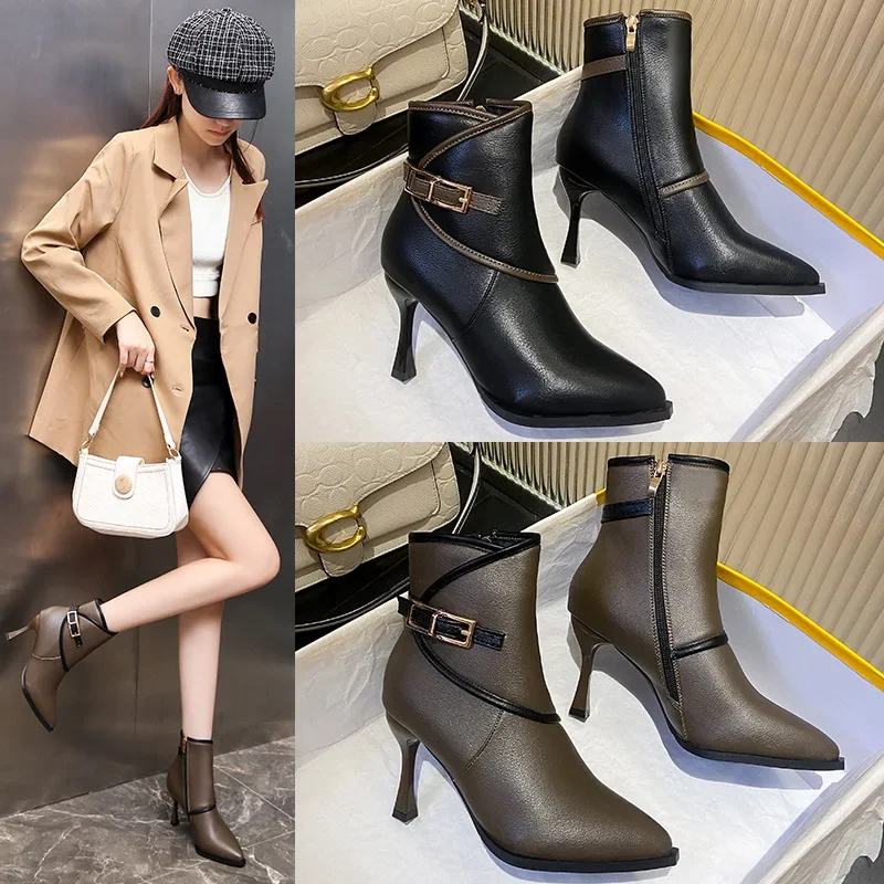 Fashion Autumn Short Women Ankle Boots Fashion Pointed Toe Ladies Elegant Side Zipper Chelsea Pumps Shoes High Heel Short Boots