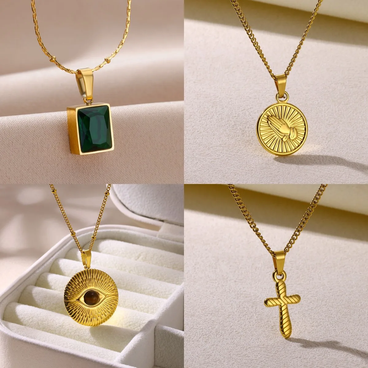 Klassische Edelstahl Horus Eye 18K vergoldete quadratische Zirkonia Anhänger Halskette Mode geometrische Schmuck Kostenloser Versand