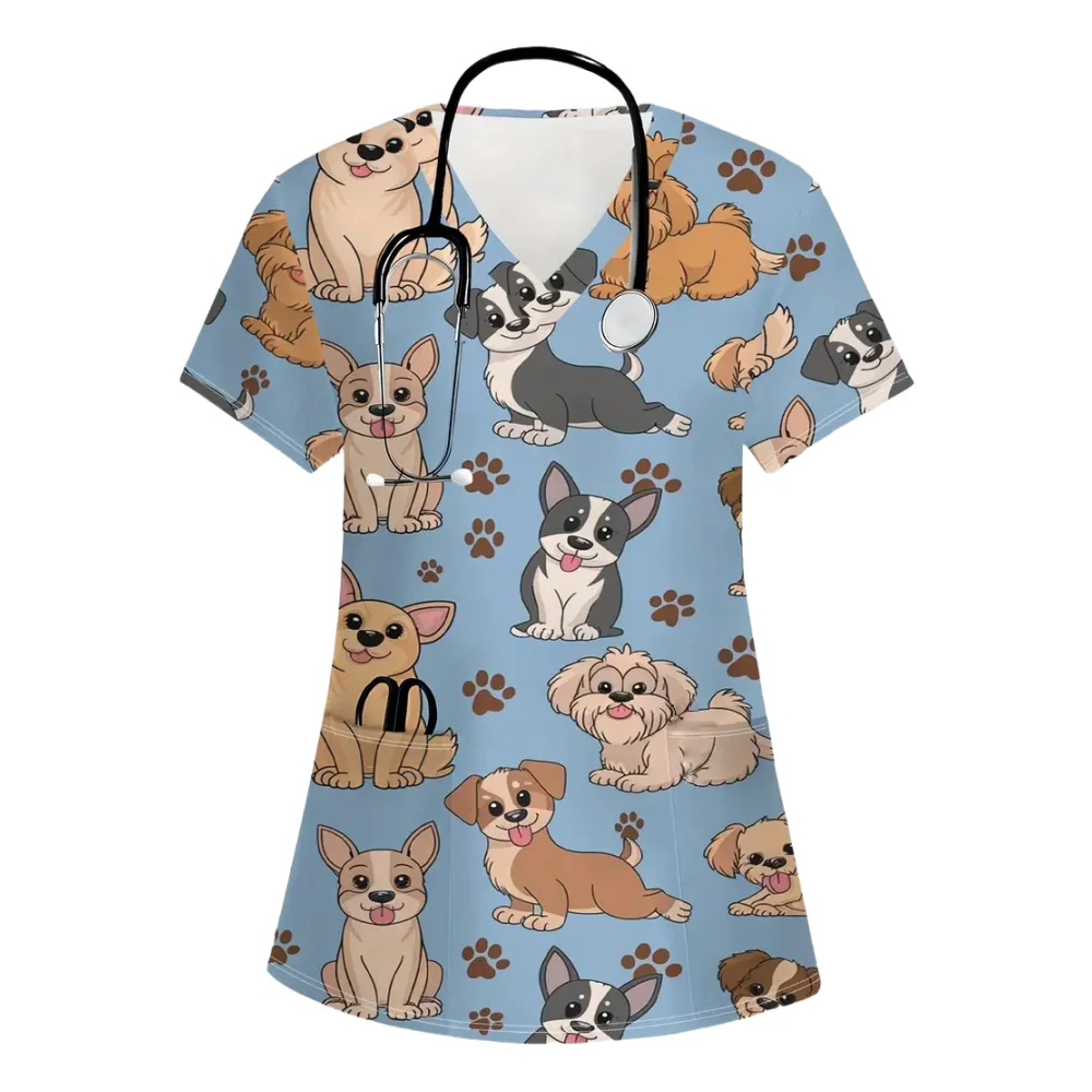 Uniformes de soins infirmiers vétérinaires chat mignon femme décontracté à manches courtes avec poches motif imprimé uniforme confortable uniforme chirurgical femme