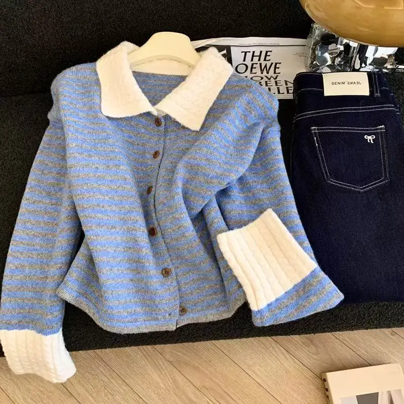 

Fashion Autumn Lapel Striped Knit Sweater Cardigan Women's New Long Sleeve Casual All-match Knit Sweater Ladies Outwear Tops